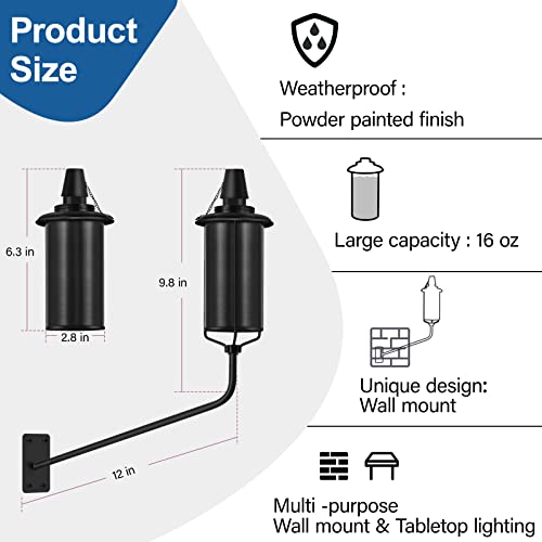 FAN-Torches Wall Mounted Citronella Torches Set of 6, 16 oz Garden Torches for Outside, Refillable Flame Light Torch, Outdoor Metal Torch for Yard, Patio, Deck, Garden, Party, Landscape - Thumbnail 2