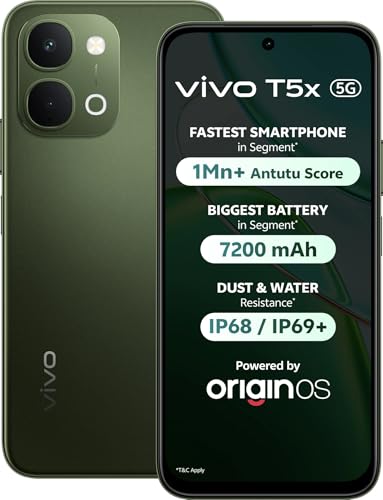 vivo T5x 5G (Cyber Green, 8GB RAM, 256GB Storage) | 50MP AI Dual Camera | 32MP Selfie | 6.76" FHD+ Display | 7200mAh Battery | Dimensity 7400-Turbo Processor | Fast Charging | Dual SIM Smartphone