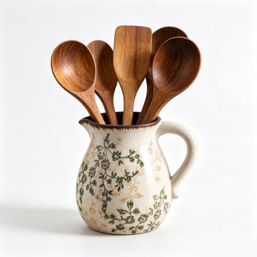 Image of Kiswleon Kitchen Utensil Holder Ceramic,Large 6.1in Utensil Pot with Handle for Countertop,Aesthetic Green and Brown Floral Utensils Holder for Kitchen Decor