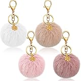 4 Stücke 3 Zoll Pom Pom Schlüsselanhänger Kunstpelz Ball Schlüsselringe mit Schneeflocke Anhänger Charms und Offenen Sprungringen für Mädchen Damen Tasche Zubehör