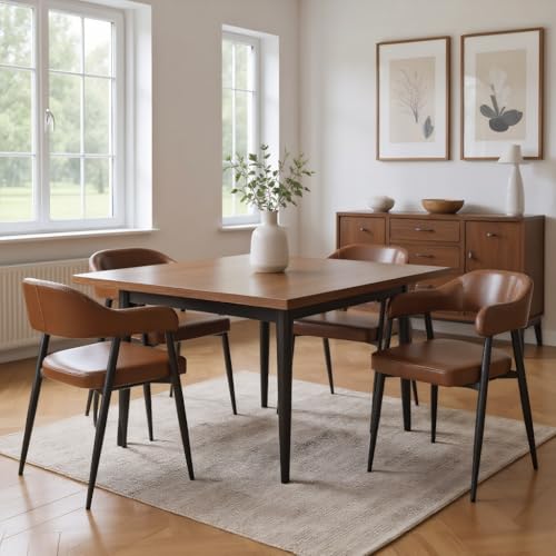 Brown Leather Dining Chairs Set of 4 with Black Metal Legs, Mid Century Modern Kitchen Chairs with Curved Backrest, Accent Low Back Armset Chairs for Dining Room/Kitchen/Bar