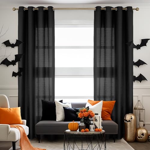 Melodieux Cortinas semitransparentes negras de 63 pulgadas de longitud para ventanas pequeñas, sala de estar, dormitorio, aspecto rústico, ojales de gasa, 42 x 63 pulgadas (2 paneles)