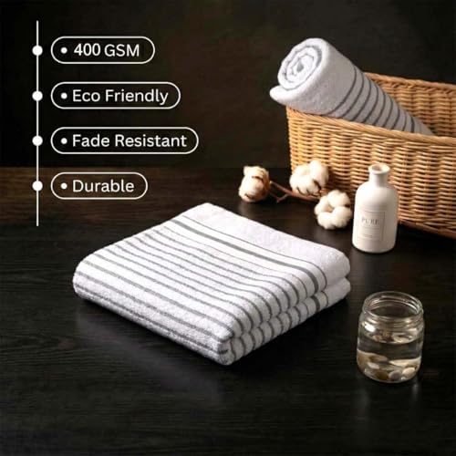 Image of Athom Living Premium Hand Towels- Cotton, 400 GSM, Ultra Soft, Quick Dry, Highly Absorbent | for Hand, Kitchen and Gym | 60 * 40 cm, Pack of 4 (White with Grey Stripes)