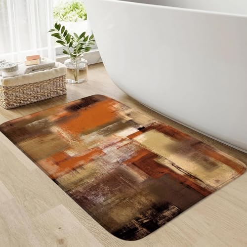 JAZEAOI Burnt Orange Abstract Bath Rug, Modern Art Brown Rust Painting Bath Mat Sets for Bathroom, Soft Non Slip Floor Rugs 17X29 Inch