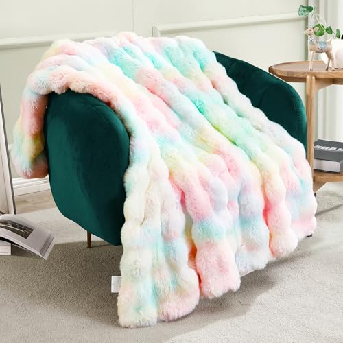 JONIYEAR Decorative Colorful Bubble Faux Rabbit Fur Throw Blanket 50' x 60', Thick Pastel Textured Warm Fluffy Blanket for Winter,Luxury Shag Cute Cozy Fuzzy Furry Lap Blankets for Couch Women,Rainbow