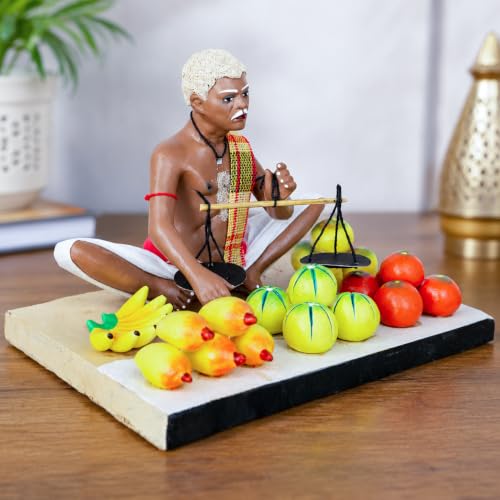 Image of Krishnanagar Handmade Clay Gift & Decor | Standard- Sitting Human Figure Miniature Idol - Fruit Seller