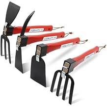4-Pcs Gardening Tool Set Pick Axe, Hoe, Hand Tiller & Garden Rake with 10.6" Wooden Handles, DIY Assembly Required, Garden Tools for Digging, Soil Loosening, Weeding & Cultivating