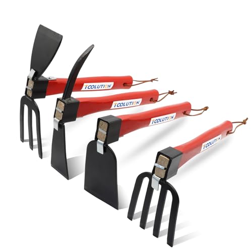 TOOLUTION 4-Pcs Gardening Tool Set &ndash; Pick Axe, Hoe, Hand Tiller & Garden Rake with 10.6' Wooden...