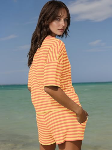 Image of Ythomm Striped Pajamas Shorts Sets Women 2 Piece Lounge Outfits Short Sleeve Tees Drawstring Shorts Summer Matching Pj Sets