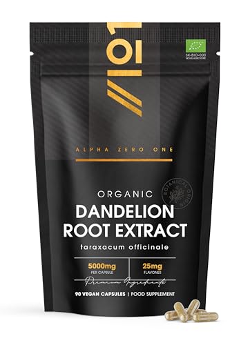 Organic Dandelion Root Extract 5000mg Standardised 5% Flavones 90 Vegan Capsules Resealable and Recyclable Pouch By Alpha01