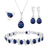 LMXXVJ Royal Blue Created Sapphire Necklace Ring Earrings Tennis Bracelet Set,Platinum Plated Blue Cubic Zirconia Jewelry Set for Women Costume Jewelry Set Gift,Silver-Tone