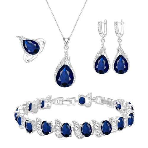 LMXXVJ Royal Blue Created Sapphire Necklace Ring Earrings Tennis Bracelet Set Platinum Plated Blue Cubic Zirconia Jewelry Set for Women Costume Jewelry Set Gift Silver-Tone