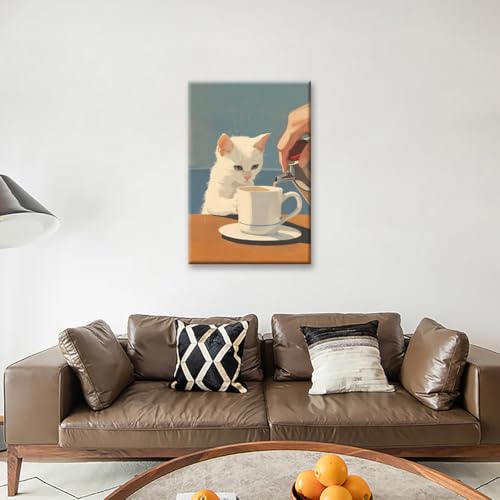 Impression sur toile chat blanc café, affiche artistique haut de gamme - 4