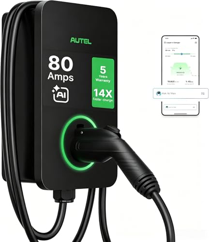 Autel MaxiCharger Home Electric Vehicle (EV) Charger, up to 80 Amp, 240V, Level 2 WiFi and Bluetooth Enabled EVSE, Hardwired, Indoor/Outdoor, 25-Foot Cable with Separate Holster, Black