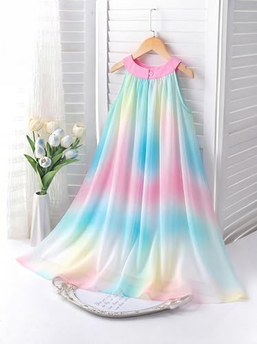 NIUSC Girls Chiffon Halter Dress Summer Sundress for Kids Casual Cute Ombre Sparkly Fancy Dance Vacation Ceremony School Party Outfit, Rainbow, 11-12 Year — view 4