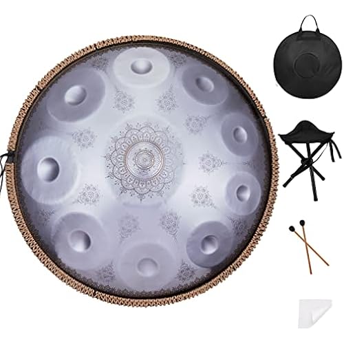 Handpan-Premium 432HZ 22 Inches 10 Notes D Minor Steel Hand Pan Drum Set,Silver Print Adults Handpan Drum