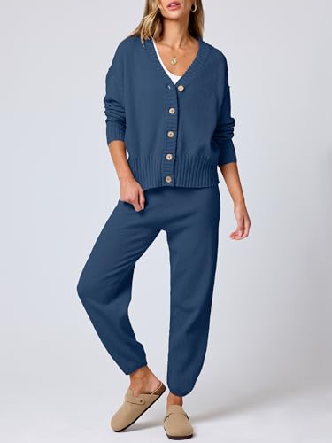 Image of ANRABESS Women 2 Piece Lounge Sets 2025 Fall Outfits Casual Waffle Knit Cardigan Sweater Pant Set Travel Airport Clothes