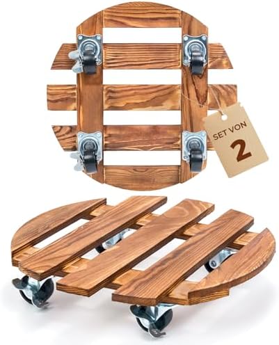 Bamworld Pflanzenroller Holz Rund 2er Set – stabiler Pflanzenroller Outdoor wetterfest mit Bremse, Blumentopf Untersetzer mit Rollen Ø 30.5 cm, Pflanzenuntersetzer mit Rollen für I
