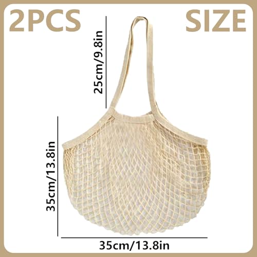 LaresDay 2 Stück Bio-Baumwolle Netzbeutel mit Doppelgriff – Wiederverwendbare Obsttasche & Gemüsenetz | Faltbares Einkaufsnetz mit Langem/Kurzem Griff, Nachhaltig & Robust (Beige)