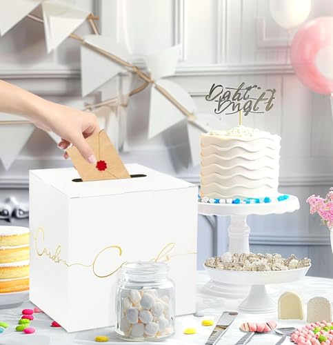 Image of HEIPINIUYE Large Card Box for Party 9.8 inch x 9.8 inch White Gift Card Box Holder with Gold Foil Design for Wedding Birthday Baby Shower Retirement Graduation Party Raffle Box