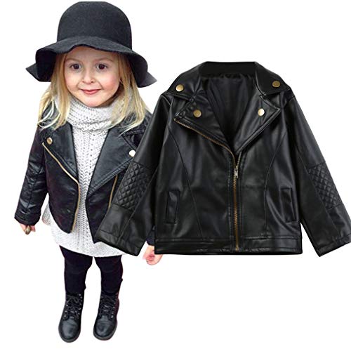 Toddler Baby Boy Girl Cute Motorcycle Faux Leather Jackets, Autumn Winter Long Sleeve Zipper Splicing Outerwear Leather Coat (Black, 2-3 Years)