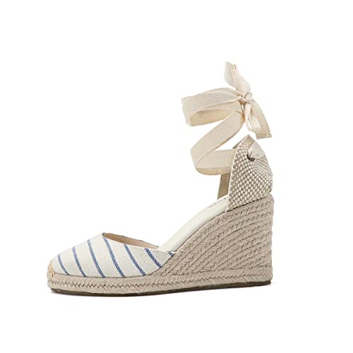 Tonivis Womens Espadrilles Wedge Sandals Platform Closed Toe Ankle Strap Lace Up Summer Cap Toe Shoes 8.5 Size #TOP3