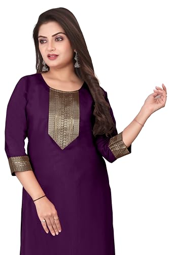 Image of Elegant red Straight Kurti with Golden Embroidered Yoke, Three Quarter Sleeves and Classic Border Detailing for Festive, Office and Everyday wear