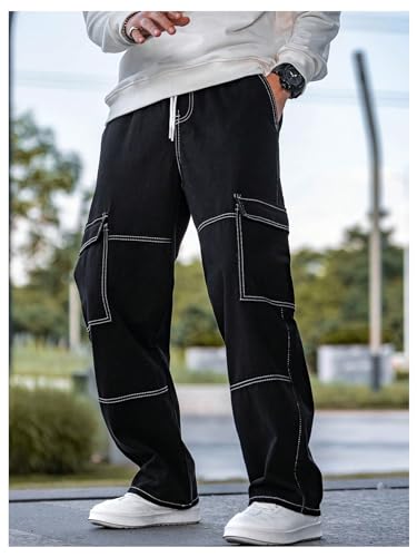 Verdusa Men's Cargo Jeans Streetwear Drawstring Waist Straight Leg Denim Pants with Pockets3