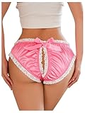 OYOANGLE Women's Satin Panties Cut Out Lace Trim Bow Briefs Cute Mid Rise Lingerie Underwear Hot Pink Small