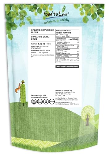 Food to Live Organic Brown Rice Flour, 3 Pounds - Non-GMO, Finely Ground from Long Grain Rice, Unbleached, Untreated, Vegan Meal, Kosher, Bulk Powder, High in Protein, Sodium Free