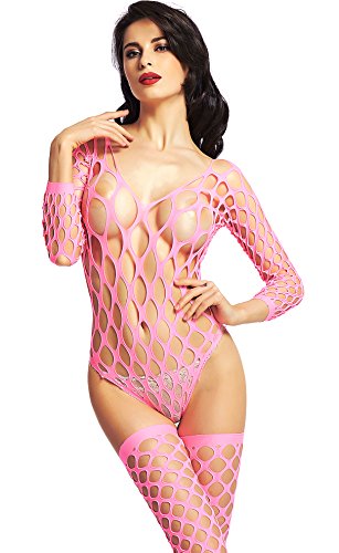Amoretu Womens Long Sleeves Body Stockings Lingerie Closed Crotch Bodysuit (Pink)
