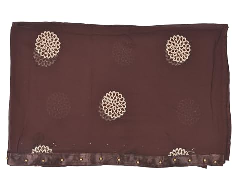 Image of YOUTHQUAKE Golden Floral Embroidery Work Chiffon Dupatta for Womens & Girls with Fancy Moti Lace