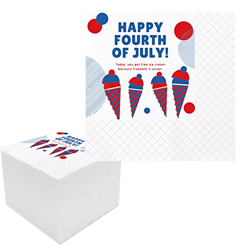 Geloar 100 Stück Happy 4th Of Juli Papierservietten für Amerika USA Themenparty Veteranen Tag Wahltag Unabhängigkeitstag Gedenktag Dekorationen | 2-lagig, 12,7 x 12,7 cm (Eiscreme) Cover