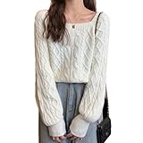 [J-Scott] [ジェイスコット] ニット レディース セーター プルオーバー ケーブル編み スクエアネック パフスリーブ ショート丈 アイボリー JS125-IV-S