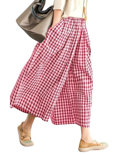 LOMON Womens Wide Leg Capri Pants Cotton Gingham Plaid Culottes Summer Elastic Waist Palazzo Trousers Bottoms with Pockets (Red White Plaid, XL)