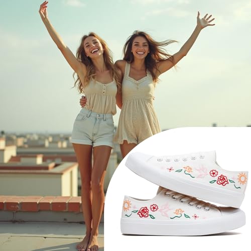 Women Canvas Sneakers with Embroidered Flower,Lace up White Tennis Shoes,Casual Low Top Fashion Sneakers2