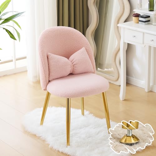 VINGLI Boucle Girls Vanity Chair with Back & Pillow,Cute Small Cozy Desk Chair No Wheels,Comfy Makeup Ch with Ajustable Gold Legs,for Bedroom,Living Room,Small Space,Pink