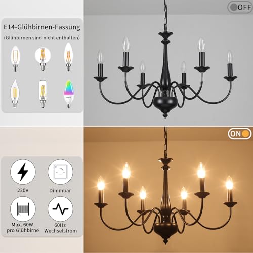 QAREHL Kronleuchter Vintage Deckenleuchte Schwarz, 6 Flammig Hängelampe Wohnzimmer mit E14 Fassung, Kronleuchter Schwarz für Schlafzimmer, Küche, Flur