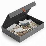 ZICOTO Decorative Photo Storage Box with Lid - A Beautiful Linen Organizer Perfect to Safely Store Your Pictures, Documents, Scrapbooking Supplies, Keepsakes and Other Memories in Style