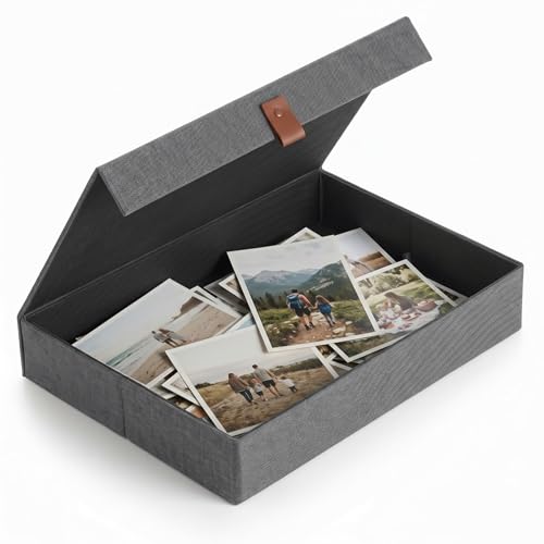 ZICOTO Decorative Photo Storage Box with Lid - A Beautiful Linen Organizer Perfect to Safely Store Your Pictures, Documents, Scrapbooking Supplies, Keepsakes and Other Memories in Style