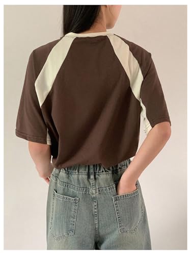 Girl's Color Block Short Sleeve T Shirts Letter Graphic Tees Summer Vintage Casual Shirt3