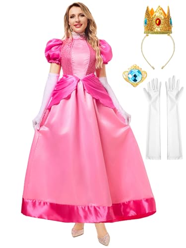 Funna Princess Costume Adult Women Dresses Halloween Dress up Cosplay with Crown Gloves Pink, X-Large