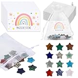 Jeoyiqau 12 Sätze Glückssteine-Edelsteine für Kinder,Geeignet für kleine Geschenke für Kinder und Bastelarbeiten, Enthält Kristallstein + Karte + Garnbeutel(Sternkristallstein)
