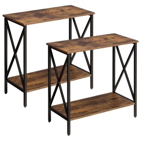 WEENFON Nightstand Set of 2, Industrial 2-Tiers End Table with Storage Shelves, Side Table with X Metal Frame, Sofa Table for Small and Narrow Space, Bedroom, Rustic Brown Cover