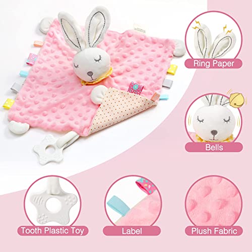 Image of Loveys for Babies, Security Blanket Soft Stuffed Animal Bunny Lovey Unisex Lovie Baby Stuff Snuggle Blanket with Tags Teether Bells, Soothing Plush Toys Baby Gift for Newborn, Pink Rabbit