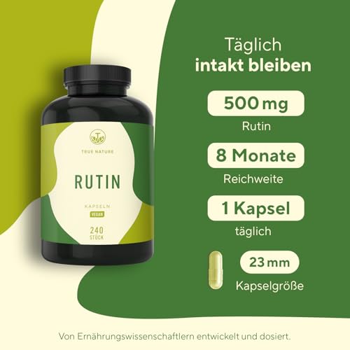 Rutin Kapseln – 240 Kapseln (500 mg) – 95% Rutin aus japanischen Schnurbaumblüten – Ohne Zusätze – Vegan, Laktosefrei & Glutenfrei – Deutsche Produktion – TRUE NATURE®