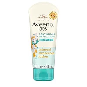 Aveeno Kids Continuous Protection Zinc Oxide Mineral Sunscreen Lotion for Children’s Sensitive Skin with Broad Spectrum SPF 50, Tear-Free, Sweat- & Water-Resistant, Non-Greasy, 3 fl. oz