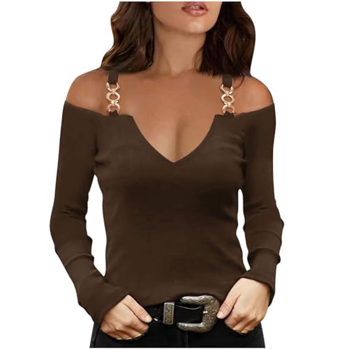 Womens Off The Shoulder Long Sleeve Tops T Shirt Sexy Chain Straps Tees Casual Solid Tunic Blouse 2025 Spring Clothes
