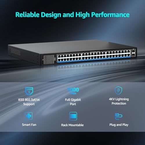 Image of 48 Port Gigabit PoE Switch Unmanaged with 48 Port IEEE802.3af /at PoE+@400W, 2 x 1G SFP, NICGIGA 50 Port Network Power Over Ethernet Switch, Desktop /Rackmount