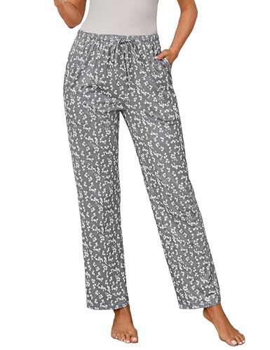 Jahetuul Pantalon Pyjama Femme Coton avec Poches Bas de Pyjama Femmes Long à Imprimé Floral Pantalon de Nuit Doux et Confortable